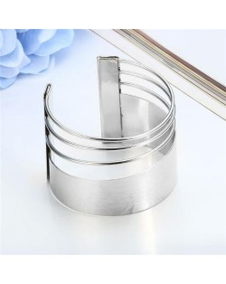 Unique Hollow Design Wide Style Open-end Alloy Fashion Bangle - Silver