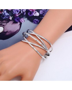 Vintage Hollow Design Open-end Style Elegant Fashion Bangle - Silver