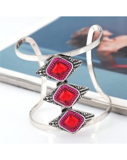 Gem Inlaid Hollow High Fashion Folk Style Alloy Bangle - Red