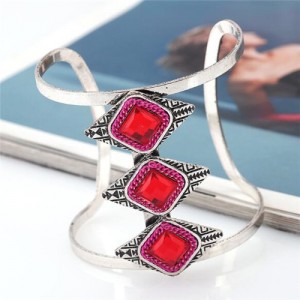 Gem Inlaid Hollow High Fashion Folk Style Alloy Bangle - Red
