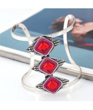 Gem Inlaid Hollow High Fashion Folk Style Alloy Bangle - Red