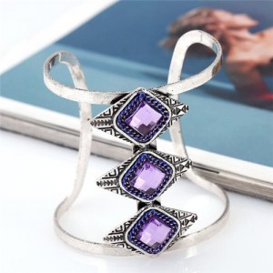 Gem Inlaid Hollow High Fashion Folk Style Alloy Bangle - Purple