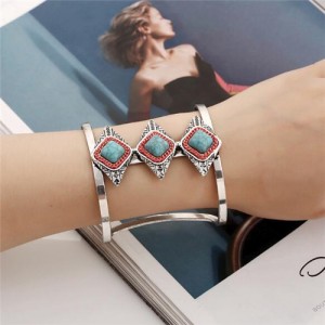 Gem Inlaid Hollow High Fashion Folk Style Alloy Bangle - Teal
