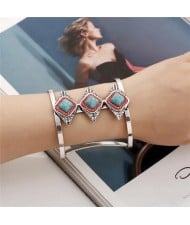 Gem Inlaid Hollow High Fashion Folk Style Alloy Bangle - Teal