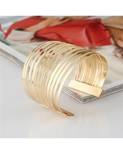 Multi-layers Wide Design Chunky Style Open-end High Fashion Alloy Bracelet - Golden