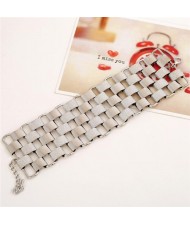 Dull Polished Alloy Blocks Combo Hollow Style Bold Fashion Bracelet - Silver