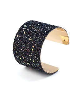 Sequins Attached Wide Style High Fashion Open-end Bangle - Black