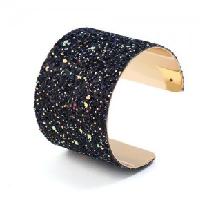Sequins Attached Wide Style High Fashion Open-end Bangle - Black