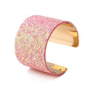 Sequins Attached Wide Style High Fashion Open-end Bangle - Pink