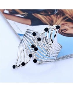 Rhinestone Embellished Shining Fashion Hollow Feather Style Costume Bangle - Silver