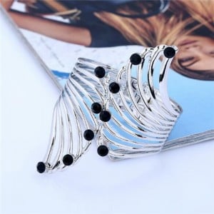 Rhinestone Embellished Shining Fashion Hollow Feather Style Costume Bangle - Silver