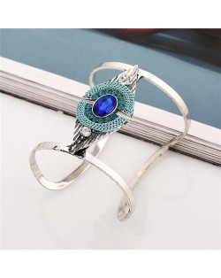 Attractive Gem Inlaid Geometric Design Hollow Fashion Costume Bangle - Blue