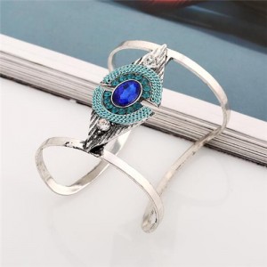 Attractive Gem Inlaid Geometric Design Hollow Fashion Costume Bangle - Blue