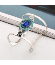 Attractive Gem Inlaid Geometric Design Hollow Fashion Costume Bangle - Blue