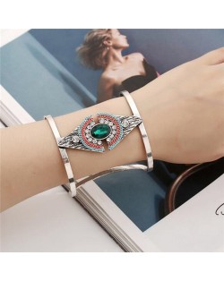 Attractive Gem Inlaid Geometric Design Hollow Fashion Costume Bangle - Green