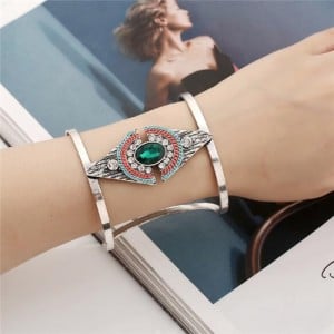Attractive Gem Inlaid Geometric Design Hollow Fashion Costume Bangle - Green
