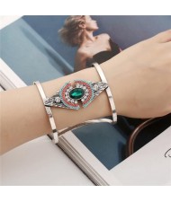 Attractive Gem Inlaid Geometric Design Hollow Fashion Costume Bangle - Green