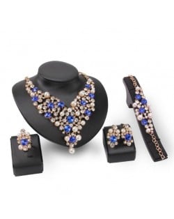 Pearl and Blue Gems Decorated Brides 4pcs Costume Jewelry Set