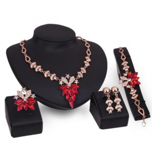 Leaves and Flowers Combo Design High Fashion 4pcs Costume Jewelry Set - Red