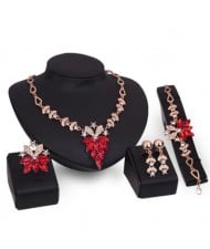 Leaves and Flowers Combo Design High Fashion 4pcs Costume Jewelry Set - Red