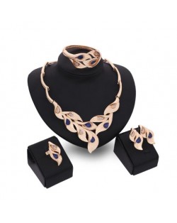 Gems Inlaid Leaves Design 4pcs Golden Fashion Costume Jewelry Set - Blue