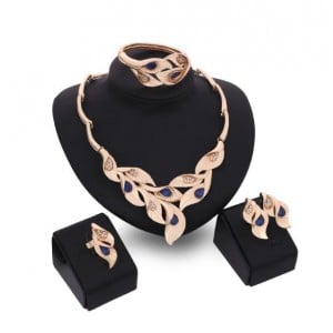Gems Inlaid Leaves Design 4pcs Golden Fashion Costume Jewelry Set - Blue