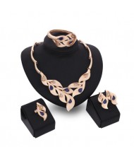 Gems Inlaid Leaves Design 4pcs Golden Fashion Costume Jewelry Set - Blue