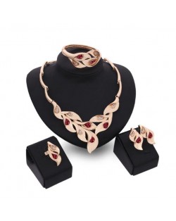 Gems Inlaid Leaves Design 4pcs Golden Fashion Costume Jewelry Set - Red