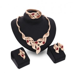 Gems Inlaid Leaves Design 4pcs Golden Fashion Costume Jewelry Set - Red