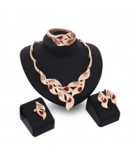 Gems Inlaid Leaves Design 4pcs Golden Fashion Costume Jewelry Set - Red