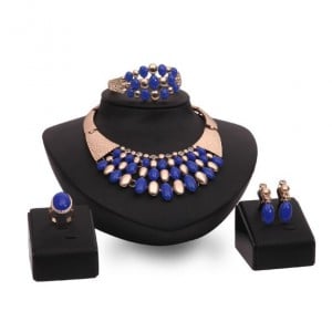 Blue Beads Embellished Chunky Fashion 4pcs Costume Jewelry Set