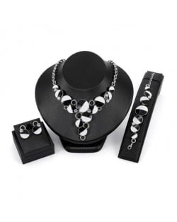 Rhinestone Embellished Black and White Contrast Rounds Design 3pcs Fashion Jewelry Set