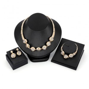 Beads Inlaid Coarse Texture 3pcs Golden Costume Jewelry Set