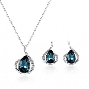 Ink Blue Gems Inlaid Angel Tears Design 2pcs Costume Jewelry Set