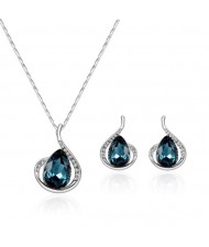 Ink Blue Gems Inlaid Angel Tears Design 2pcs Costume Jewelry Set