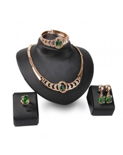 Green Gems Inlaid Hollow Chunky Style 4pcs High Fashion Jewelry Set