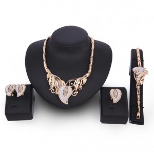 Dull-polished Leaves Design Golden Alloy 4pcs Fashion Jewelry Set
