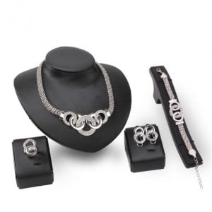 Linked Hoops Thick Chain Chunky Design 4pcs Silver Fashion Jewelry Set