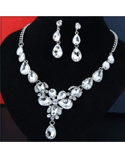 Rhinestone Embellished Glass Waterdrops Combo Design High Fashion Necklace and Earrings Set - White