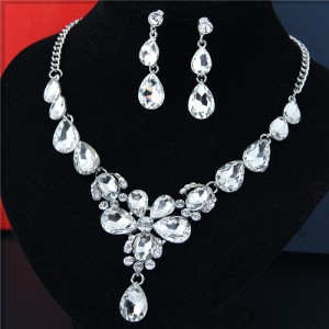 Rhinestone Embellished Glass Waterdrops Combo Design High Fashion Necklace and Earrings Set - White