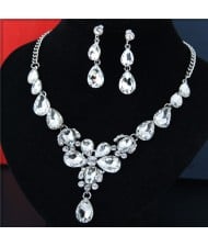Rhinestone Embellished Glass Waterdrops Combo Design High Fashion Necklace and Earrings Set - White