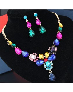 Rhinestone Embellished Glass Waterdrops Combo Design High Fashion Necklace and Earrings Set - Multicolor