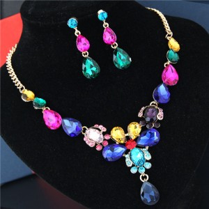 Rhinestone Embellished Glass Waterdrops Combo Design High Fashion Necklace and Earrings Set - Multicolor
