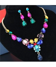 Rhinestone Embellished Glass Waterdrops Combo Design High Fashion Necklace and Earrings Set - Multicolor