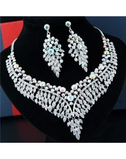 Rhinestone Flowers and Leaves Combo Brides Fashion Necklace and Earrings Set - White