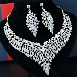 Rhinestone Flowers and Leaves Combo Brides Fashion Necklace and Earrings Set - White