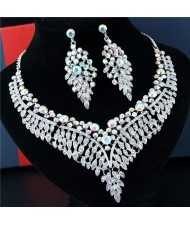 Rhinestone Flowers and Leaves Combo Brides Fashion Necklace and Earrings Set - White