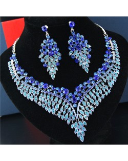 Rhinestone Flowers and Leaves Combo Brides Fashion Necklace and Earrings Set - Blue