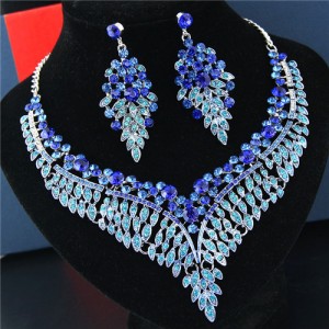 Rhinestone Flowers and Leaves Combo Brides Fashion Necklace and Earrings Set - Blue
