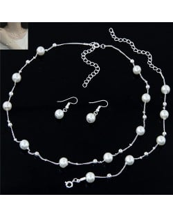 Pearl Embellished Graceful Design Sweet Fashion Necklace Bracelet and Earrings Set - Silver